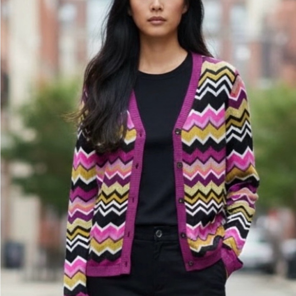 Missoni Pink Black Yellow Chevron Knit Button-Front Cardigan